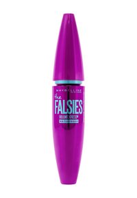 Mascara Maybelline The Falsies Volume Express, avec un tube violet brillant et un branding turquoise, une formule waterproof et un design effilé.