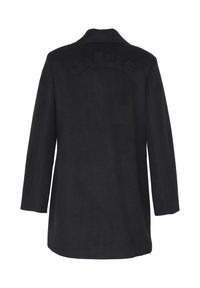 Cappotto nero con una forma strutturata, realizzato in un tessuto testurizzato. Caratterizzato da un logo ricamato "GAËLLE" prominente sul retro. Colletto sartoriale.