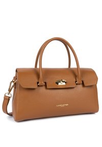 Borsa a mano in pelle marrone con un design strutturato, manici doppi e una tracolla removibile. Presenta una chiusura dorata e un'accenno al logo.