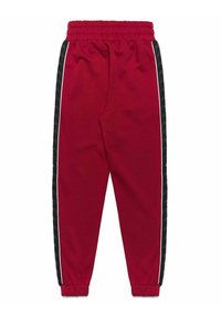 Pantaloni sportivi rossi con un pannello nero su ogni lato, dotati di piping bianco, vita elastica e polsini alle caviglie. Tessuto dalla texture morbida.