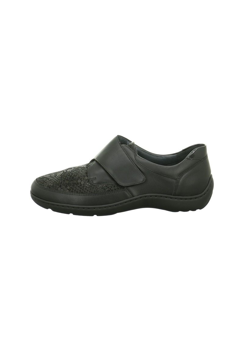 Schwarzer Leder-Schlüpfschuh mit strukturiertem Design, ausgestattet mit einem Klettverschluss, gepolsterter Sohle und einer flachen Silhouette für höchsten Tragekomfort.