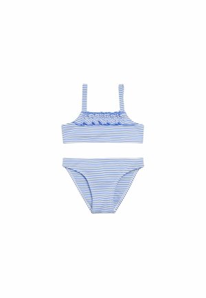 Conjunto de bikini azul a rayas que incluye un top corto con detalle de volantes y tirantes ajustables, acompañado de una braguita de tiro bajo a juego.