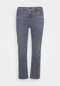 Vaqueros de mezclilla gris con diseño de pierna recta, cinco bolsillos y cierre frontal con botón. La tela tiene una textura suave con un ligero desgaste.