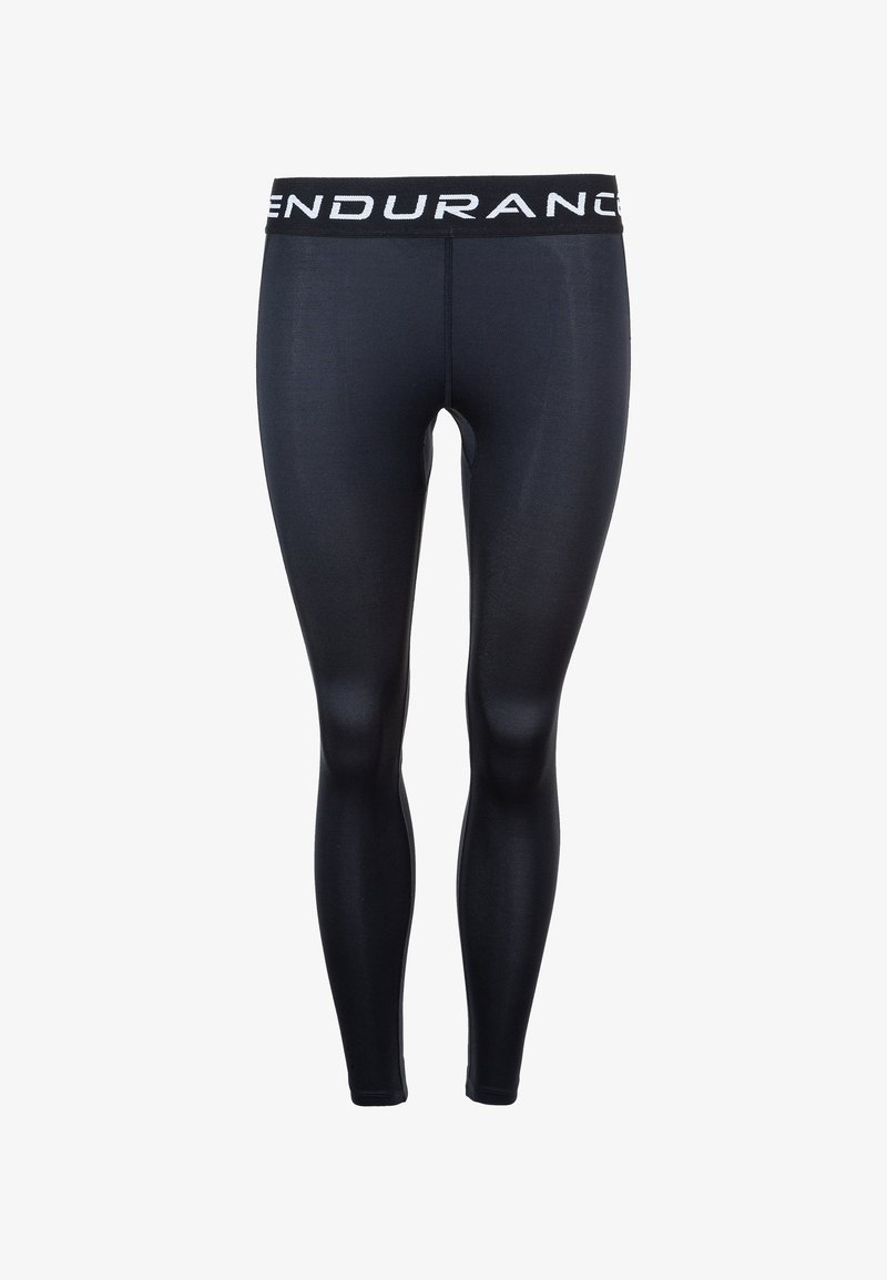 Black athletic leggings with a fitted design, made from smooth, stretchy material, featuring a contrasting white "ENDURANCE" logo on the waistband.