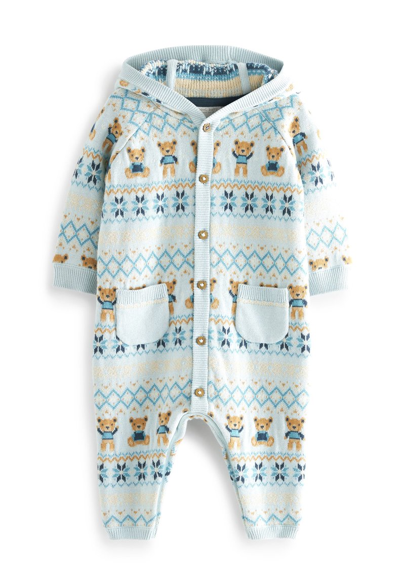 Next Bear Baby Fairisle Knitted Hooded Romper Jumpsuit blue