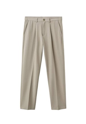 Beige straight-leg trousers with belt loops, front button, zipper closure, and side pockets.