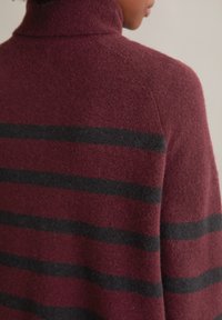 Burgunderfarbener Pullover mit hohem Kragen, verfügt über schwarze horizontale Streifen, aus weichem, strukturiertem Stoff, von hinten gezeigt.