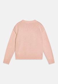 Light pink knitted sweater with long sleeves, a round neckline, and ribbed cuffs and hem. Smooth texture with a relaxed fit and minimal detail.