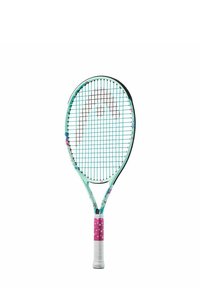 Lichtblauwe tennisracket met een gemarmerde grip, witte handgreep en een bloemmotief op het frame. Heeft een ovalen hoofdvorm met snaren.