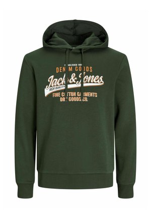 Vihreä huppari, jossa on nyöritys ja etutasku. Mukana "Jack & Jones" -logo valkoisella ja oranssilla tekstillä. Puuvillamateriaali, rento istuvuus.