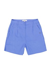 Pantalones cortos de color azul claro, hechos de una tela suave, que cuentan con dos bolsillos laterales, un cierre frontal con botón y sutiles pinzas en la cintura.