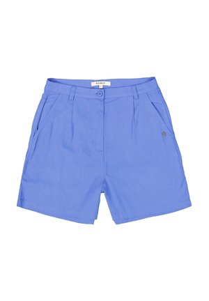 Lichtblauwe shorts van een gladde stof, met twee zijzakken, een sluiting met een knoop aan de voorkant en subtiele plooien bij de taille.