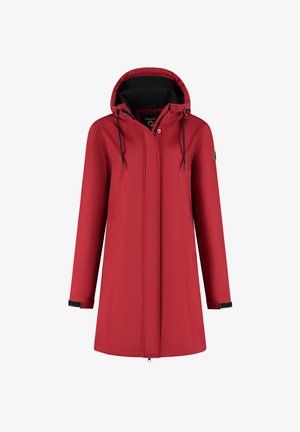 Veste imperméable rouge avec capuche, dotée d'une fermeture éclair à l'avant, de deux poches latérales et de poignets ajustables. Texture lisse et design polyvalent.