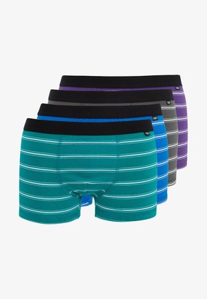 Men's boxer briefs featuring a teal base with white horizontal stripes, black elastic waistband, and a smooth, stretchy fabric texture.