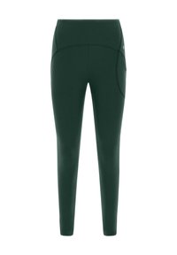 Leggings sportivi di colore verde scuro realizzati in tessuto elasticizzato. Presentano una vita alta e una tasca laterale vicino all'anca. Texture liscia su tutta la superficie.