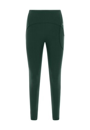 Ciemnozielone legginsy sportowe wykonane z elastycznego materiału. Posiadają wysoki pas oraz boczną kieszeń w okolicy biodra. Gładka struktura na całej długości.