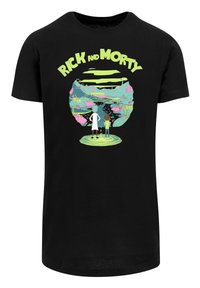 Fekete pamut póló, színes grafikával, amelyen egy portál szerepel karakterekkel, zöld színű "Rick and Morty" felirattal, és különféle animált részletekkel.