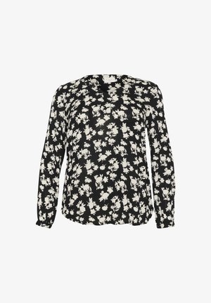 Crna bluzica dugih rukava sa bijelim cvjetnim uzorkom, s V-izrezom i nabranim detaljima na ramenima, izrađena od laganog materijala.