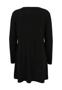 Long-sleeve black tunic top with a straight seam down the center back and a slightly flared hem.