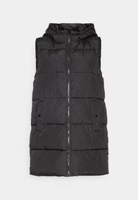 Czarna pikowana kamizelka z kapturem, zapinana z przodu na suwak, z dwoma bocznymi kieszeniami i pikowaną fakturą. Materiał jest gładki, lekki i ocieplany.