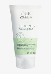 Vit, krambar tube märkt "Wella Professionals Elements Renewing Mask," med gröna accenter, 75 mL kapacitet, med aloe vera-bilder.