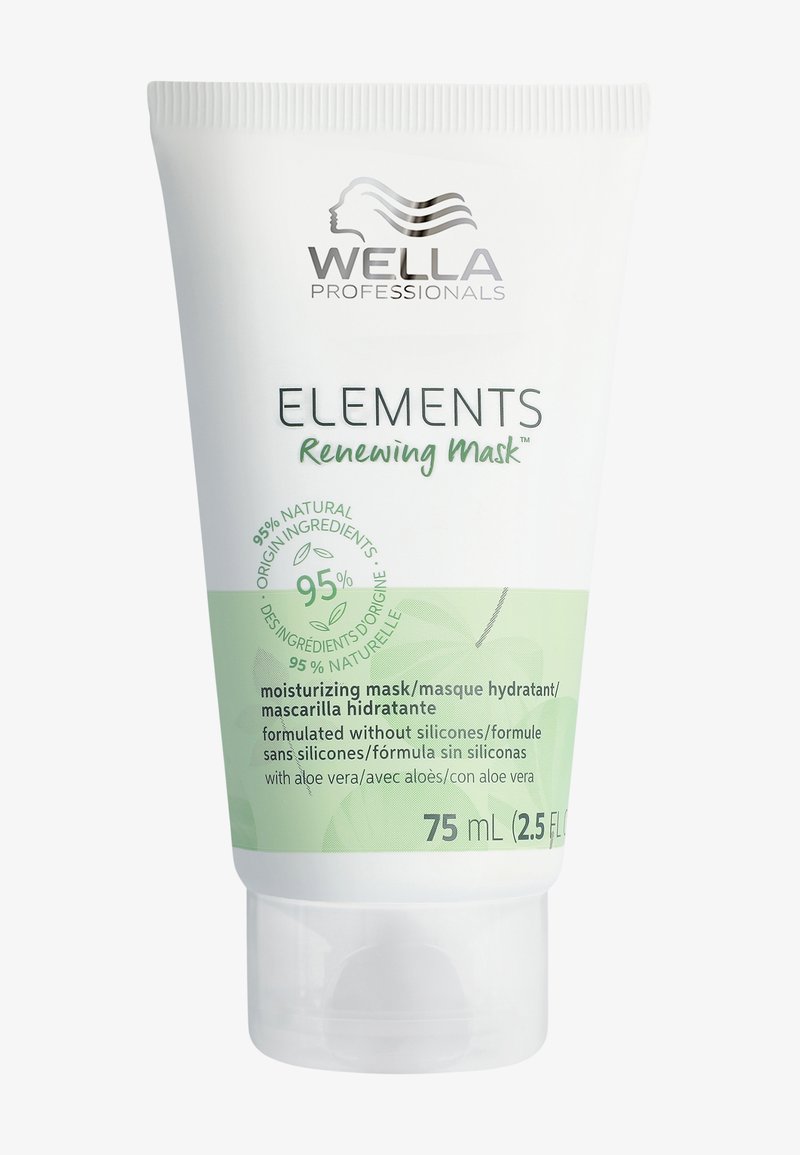 Vit, krambar tube märkt "Wella Professionals Elements Renewing Mask," med gröna accenter, 75 mL kapacitet, med aloe vera-bilder.