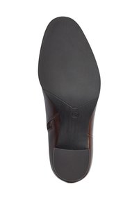 Semelle de chaussure en cuir marron avec une semelle en caoutchouc noir texturé, bout arrondi et légère indentation au niveau du talon. Design simple et épuré.