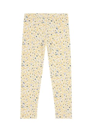 Children's full-length leggings with a yellow and blue floral pattern on a white background.