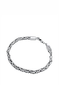 Sterling silver bracelet featuring an intricate woven design, shiny finish, and a secure clasp with a brand tag.