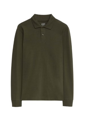 Tmavě zelená polo košile s dlouhým rukávem, klasickým límcem, zapínáním na dva knoflíky a žebrovanými manžetami. Vyrobena z hladké, texturované tkaniny.