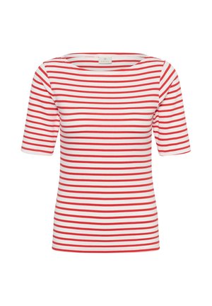 Chemise blanche à manches courtes avec des rayures rouges horizontales uniformément espacées et un col rond.