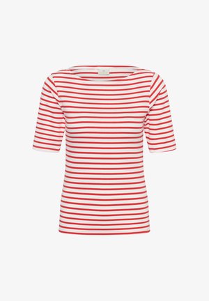 Chemise blanche à manches courtes avec des rayures rouges horizontales uniformément espacées et un col rond.