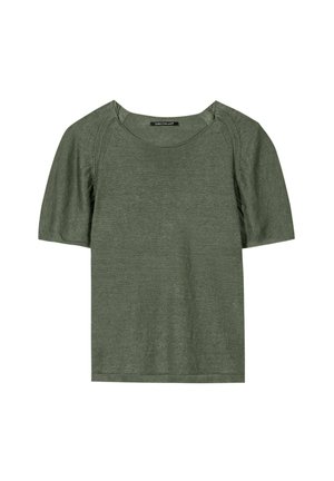 Short-sleeve olive green knit top with round neckline and subtle puff sleeves, laid flat on white background.