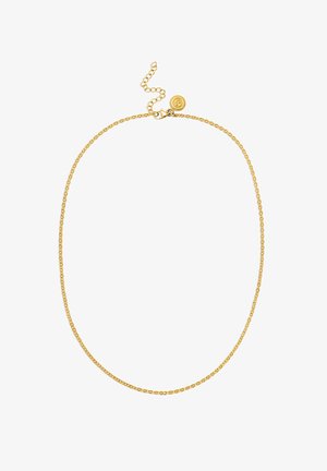 Collier en chaîne dorée avec un design délicat et tordu. Équipé d'un fermoir à homard et d'une chaîne d'extension réglable pour une variation de longueur.