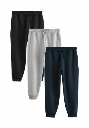 Tričko v čiernej, šedej a tmavomodrej farbe. Každé má elastický pás s šnúrkou a zúžené manžety.