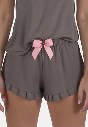 Shorts grigi in maglia con orlo arricciato, dotati di un accento a fiocco rosa con pois, cintura elastica e vestibilità comoda.