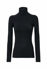 Maglione nero a maniche lunghe tipo dolcevita realizzato in tessuto elasticizzato con un design aderente, dotato di un colletto alto e una texture liscia.