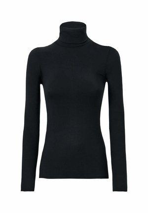 Maglione nero a maniche lunghe tipo dolcevita realizzato in tessuto elasticizzato con un design aderente, dotato di un colletto alto e una texture liscia.