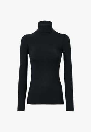 Maglione nero a maniche lunghe tipo dolcevita realizzato in tessuto elasticizzato con un design aderente, dotato di un colletto alto e una texture liscia.