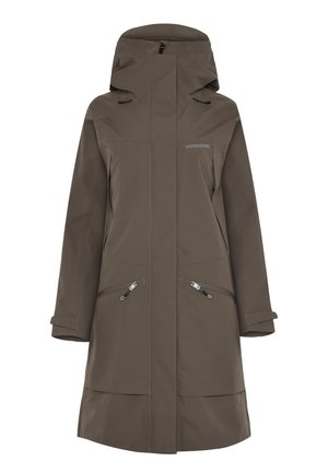 Lang brun vandtæt hættejakke med frontlynlås, to lynlåslommer i siderne og justerbare håndledsremme, mærket Didriksons.