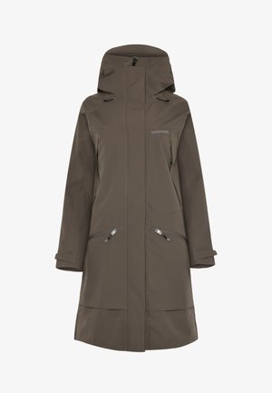 Lang brun vandtæt hættejakke med frontlynlås, to lynlåslommer i siderne og justerbare håndledsremme, mærket Didriksons.