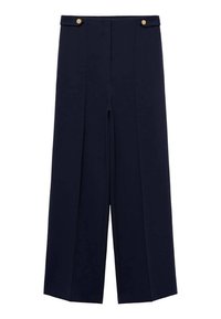 Pantalons large marine en tissu lisse, dotés d'une taille haute, de deux accents de boutons dorés et d'un pli sur le devant.