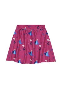 Falda de algodón rosa con un estampado de figuras de personajes animados, flores y diseños geométricos, con una cintura fruncida y forma acampanada.