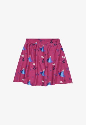 Roze katoenen rok met een print van geanimeerde figuren, bloemen en geometrische ontwerpen, met een geraffineerde taille en een uitlopende vorm.