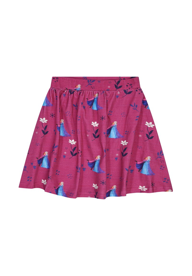 Falda de algodón rosa con un estampado de figuras de personajes animados, flores y diseños geométricos, con una cintura fruncida y forma acampanada.
