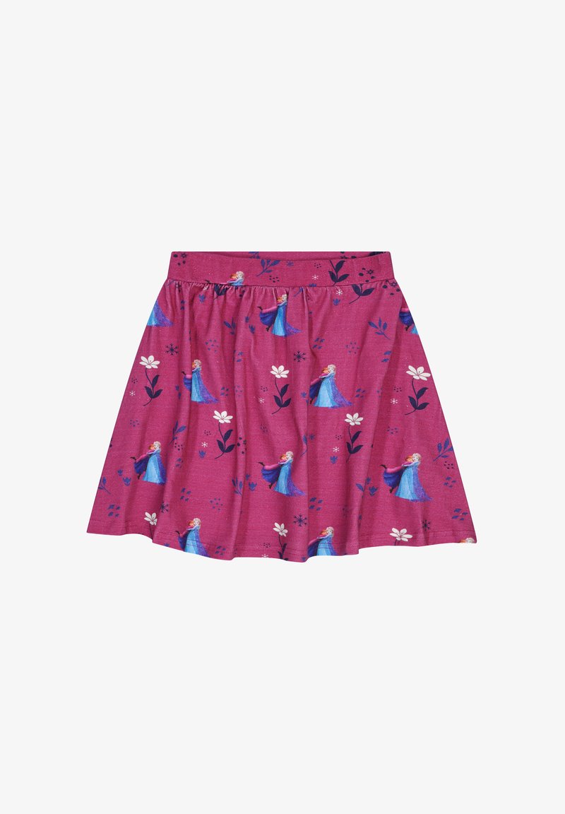 Falda de algodón rosa con un estampado de figuras de personajes animados, flores y diseños geométricos, con una cintura fruncida y forma acampanada.