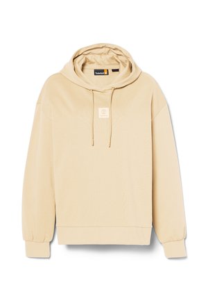 Beige hooded sweatshirt with a logo patch, ribbed cuffs, and hem. Made from soft fabric with a relaxed fit and large pocket.
