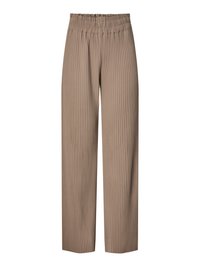 Pantaloni a gamba larga plissettati in un tessuto marrone chiaro con elastico in vita, caratterizzati da strisce verticali per un tocco di texture e design.