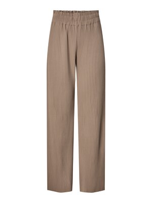 Pantalons larges plissés en tissu brun clair avec une taille élastique, présentant des rayures verticales pour une texture et un design supplémentaires.
