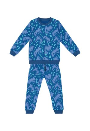 Blaues Langarm-Set aus Oberteil und Hose mit Dinosaurier- und Werkzeug-Motiv in hellblau und türkis, mit gerippten Bündchen und Kragen.